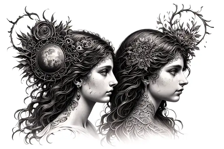 Mother Universe, Hecate and Lilith side by side profile traditional lady head tattoo design idea