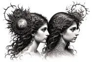 Mother Universe, Hecate and Lilith side by side profile traditional lady head tattoo design idea