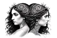 Mother Universe, Hecate and Lilith side by side profile traditional lady head tattoo design idea