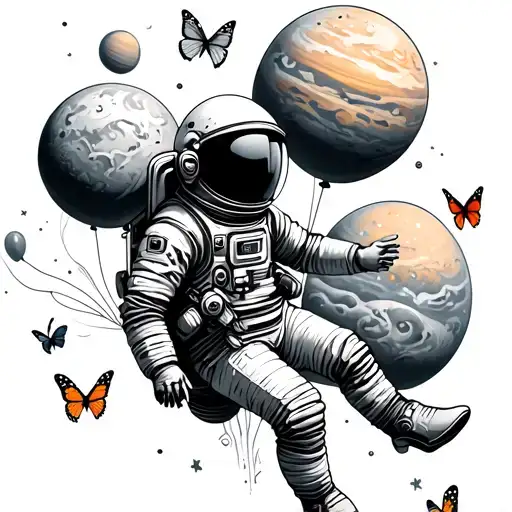 astronaut floating in space with planets as balloons holding the on left hand. 3 butterflies approach him tattoo design idea