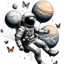 astronaut floating in space with planets as balloons holding the on left hand. 3 butterflies approach him tattoo design idea