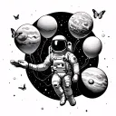 astronaut floating in space with planets as balloons holding the on left hand. 3 butterflies approach him tattoo design idea