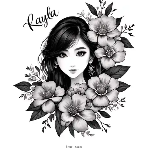 Kayla name with Asian face and flowers intertwined tattoo design idea