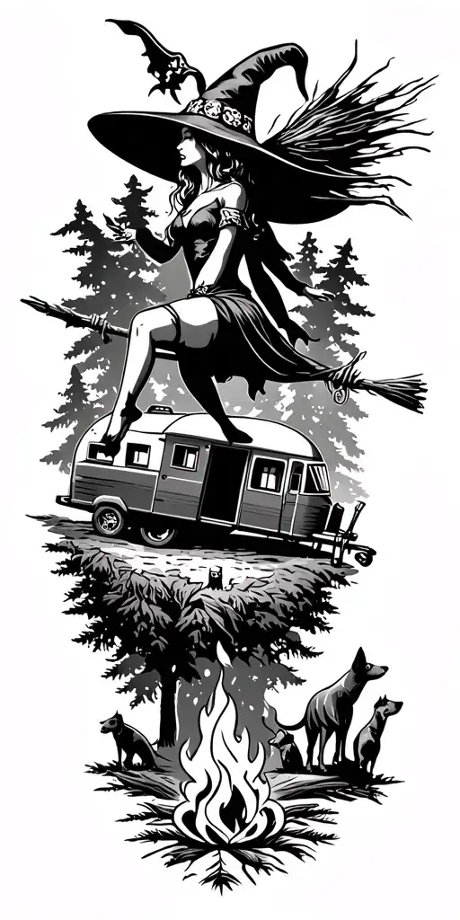 silhouette of sexy witch flying on broomstick over a campsite with a trailer and campfire with 3 boy children & 2 dogs  tattoo design idea