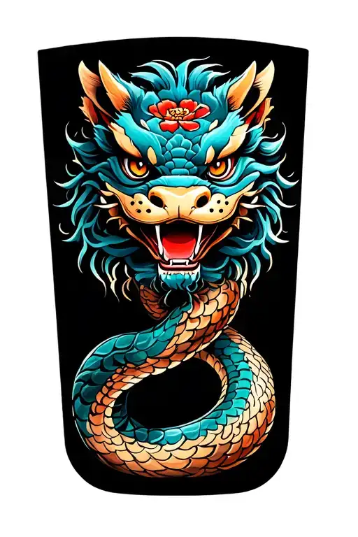 foo dog and snake tattoo design idea