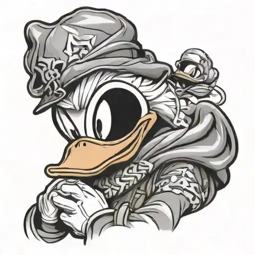 Donald Duck wearing balaclava Louis Vuitton pattern, see no evil, speak no evil, hear no evil tattoo design idea