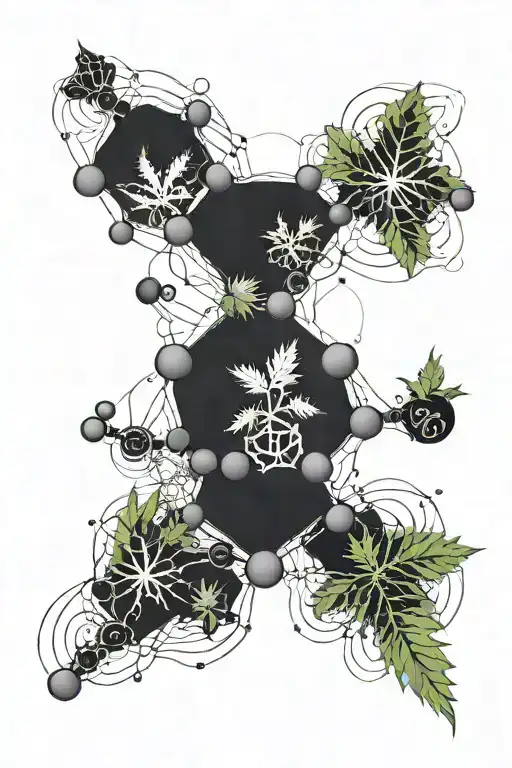 the molecular structure of THC in black with a gently painted cannabis planted lightly overlayed tattoo design idea