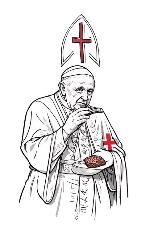 pope john paul ii eating steak while draped in st George cross flag english flag tattoo design idea