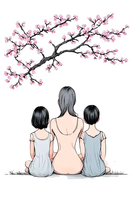 back view of a mother with two teenange daughters sitting under cherry blossom tree.  tattoo design idea