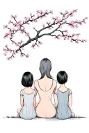 back view of a mother with two teenange daughters sitting under cherry blossom tree.  tattoo design idea