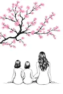 back view of a mother with two teenange daughters sitting under cherry blossom tree.  tattoo design idea