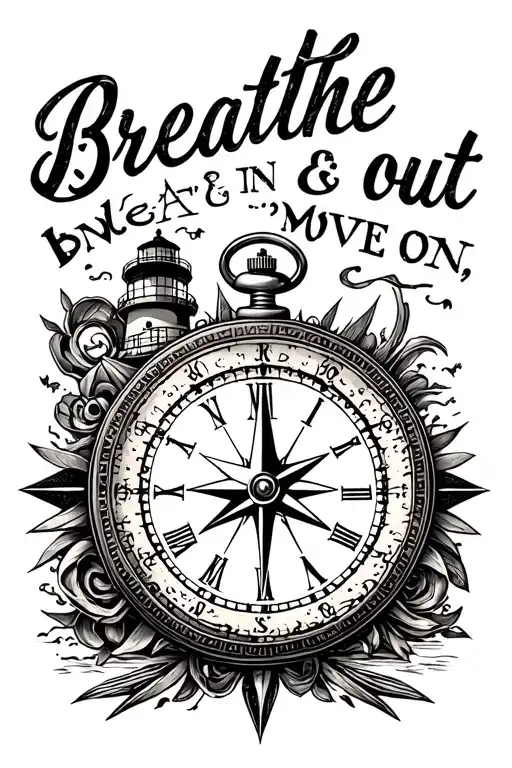 "Breathe in & out, Move on" lighthouse, compass rose, and pocket watch face tattoo design idea