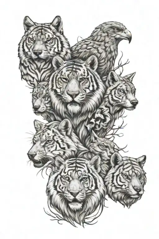 totem of four animal heads. At the top is a tiger's head, then an owl, then a wolf and a bear tattoo design idea