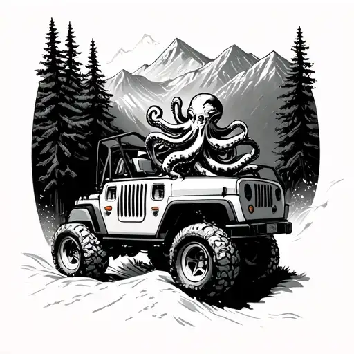 octopuss driving a jeep up a mountain tattoo design idea