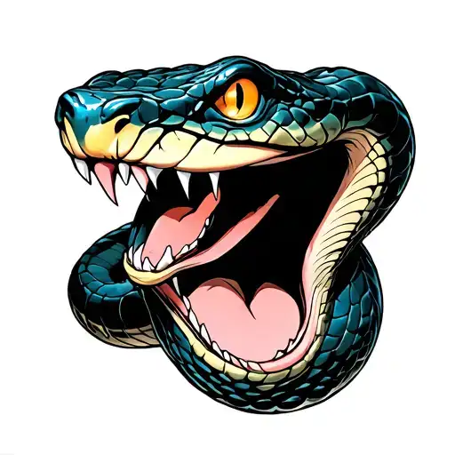 snake with straight body, head facing me, open mouth ready to bite tattoo design idea
