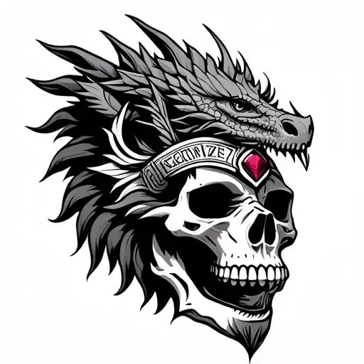 Skull and Aztec Skull Death with the name Visnegonzalez adds a dragon, a lion, a ruby tattoo design idea