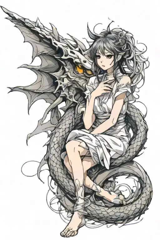 dragon wrapped around girl sitting tattoo design idea