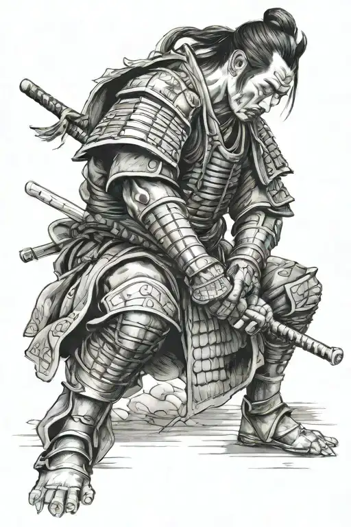 Samurai kneeling with head bowed down tattoo design idea