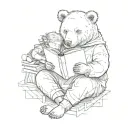 a big bear, a little girl reading a book nearby tattoo design idea