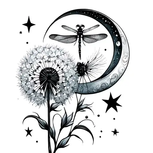 Tattoo. Dragonfly. Dandelion. Stars. Moon. Joe. Wil. Infinity.  tattoo design idea