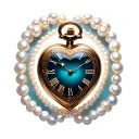 A heart-shaped pocket watch with a white pearl border, point to  midnight. tattoo design idea
