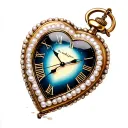 A heart-shaped pocket watch with a white pearl border, point to  midnight. tattoo design idea