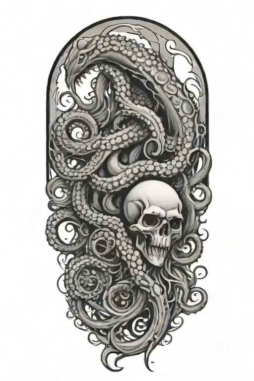 A black and grey tattoo of a malevolent kraken overtaking a skull with its massive tentacles  tattoo design idea