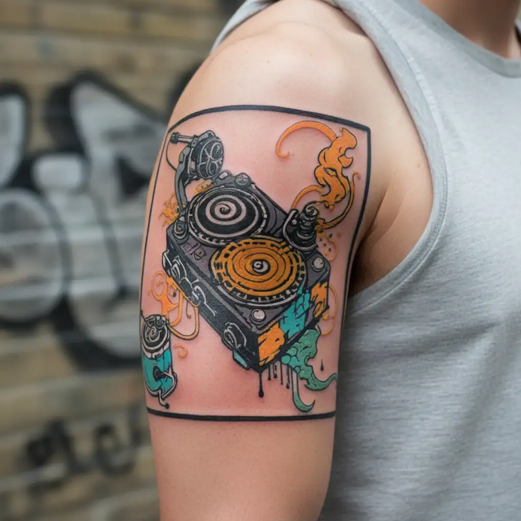 FUN FRIENDS DJ turntable tattoo design idea