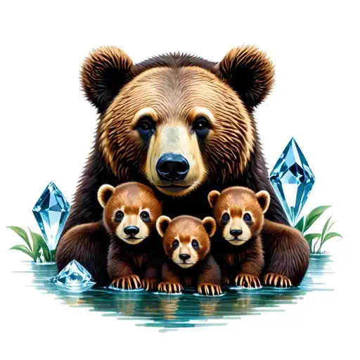 mamma bear with 4 cubs inside mama bear. with 4 stones next to each 4 cubs.  tattoo design idea