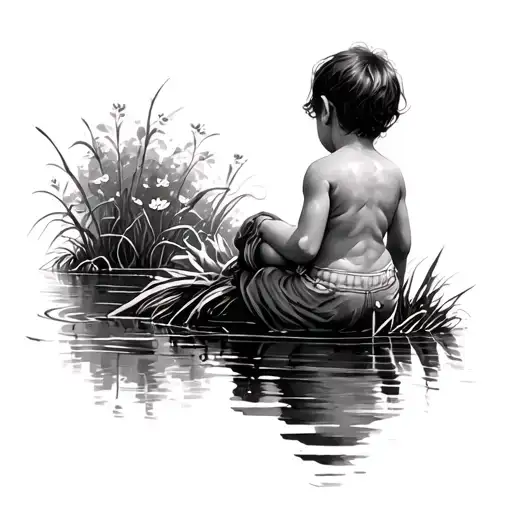 Child at the edge of a pond tattoo design idea