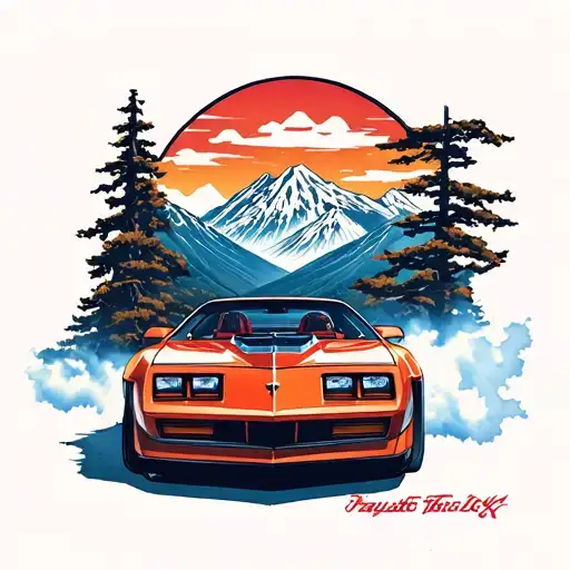 1981 pantiac trans am drifting in Japan mountain tattoo design idea
