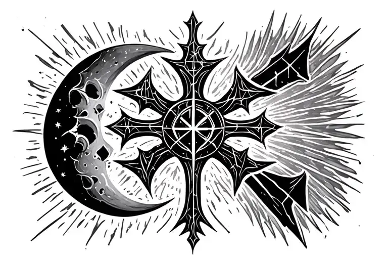 cybersigil with cross and stars or moon tattoo design idea