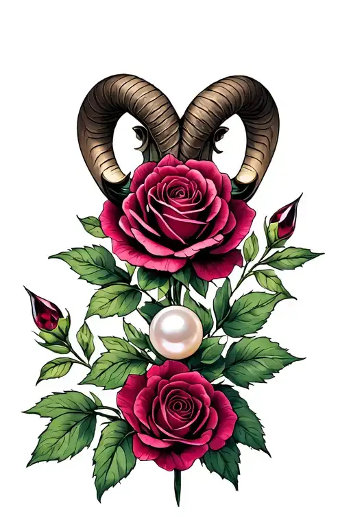 Aries zodiac sign intertwined garnet coloured roses with a Pearl in the middle tattoo design idea