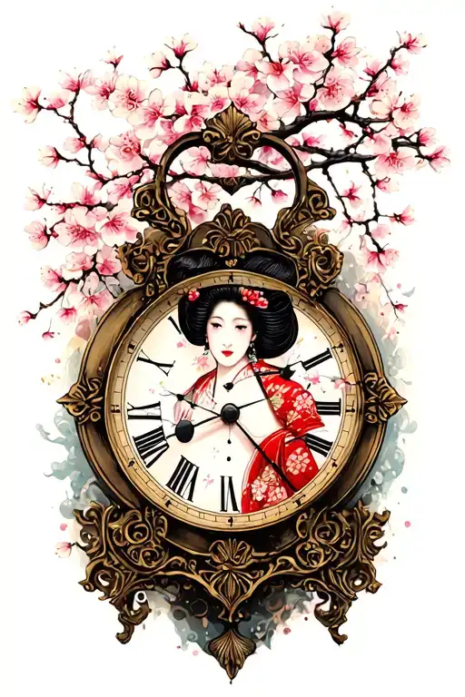 Broken vintage clock with a back geisha underneath and cherry blossoms tattoo design idea