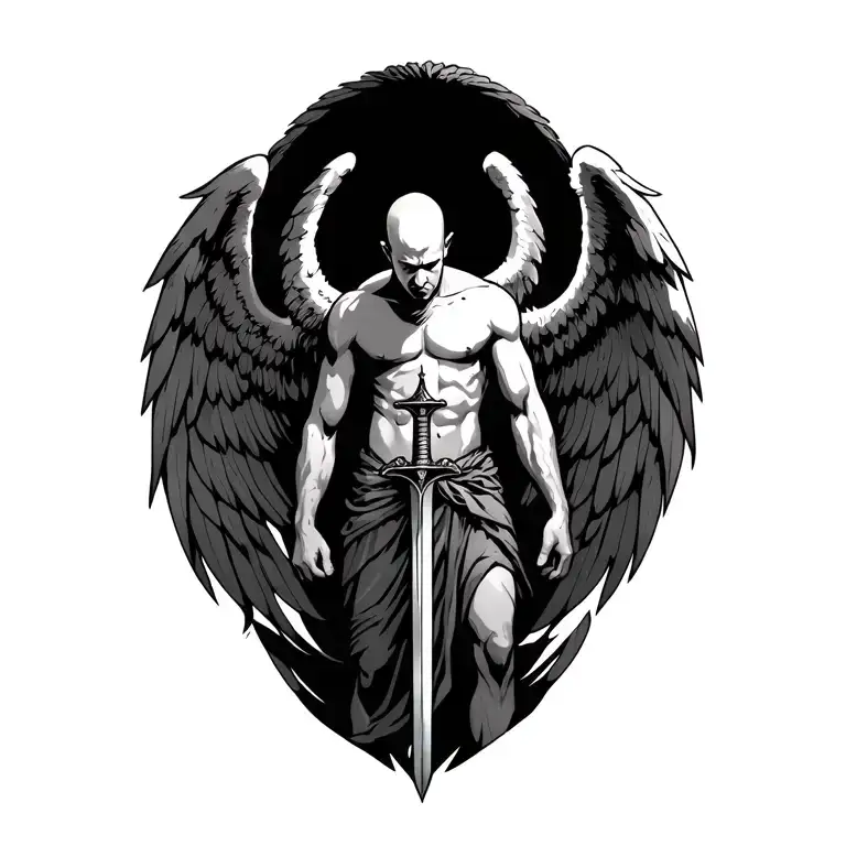 An bald angel holding the hilt of a sword in both hands, wearing a loin cloth, with wings flared, looking down, piercing tattoo design idea