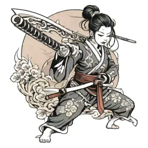 korean girl with katana and temple tattoo design idea