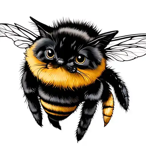 3/4 side view of a semi realistic fluffy cat's head on a fat fuzzy little bumble bee body flying tattoo design idea