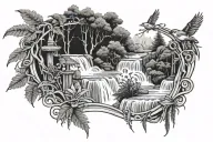 waterfall, stream, ferns, trees, sparrows, elves broken mirror, music sheet tattoo design idea