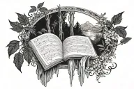 waterfall, stream, ferns, trees, sparrows, elves broken mirror, music sheet tattoo design idea