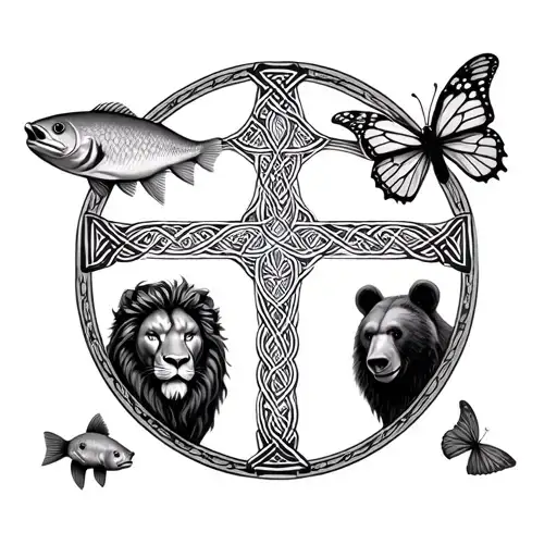 circle with Celtic cross, lion head, baby bear, Pisces fish, and a butterfly  tattoo design idea