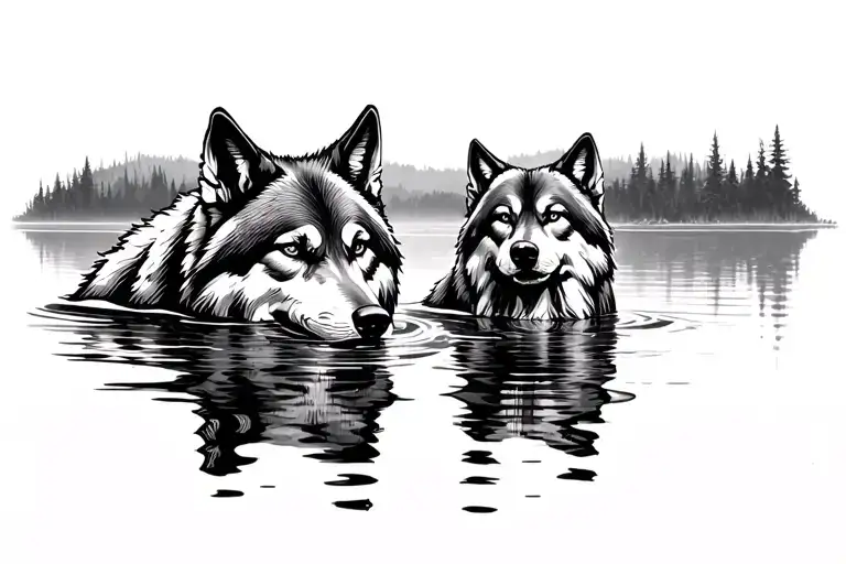 wolf looking in water at himself tattoo design idea