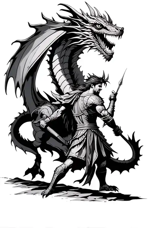 Roman warrior fighting a dragon, think good vs evil, dark keltic style  tattoo design idea