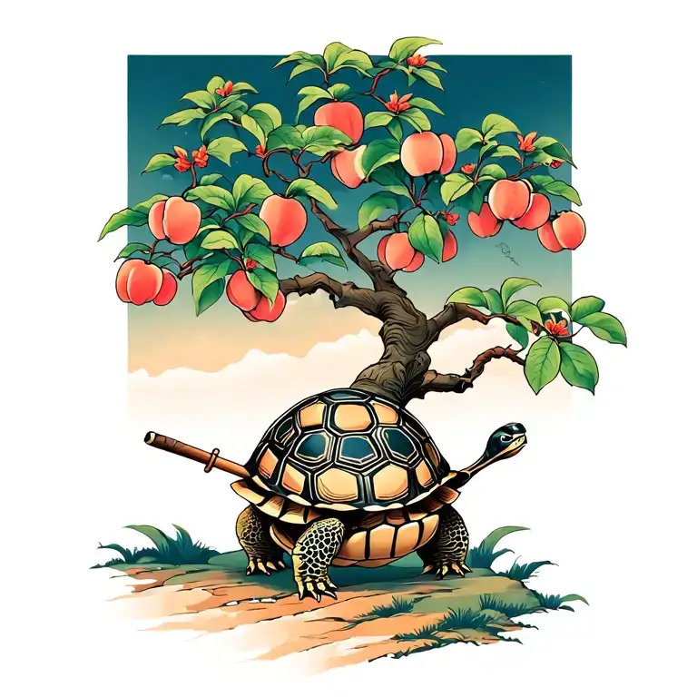 tortoise kind kung fu turtle with staff at peach tree scene in mountain pass tattoo design idea
