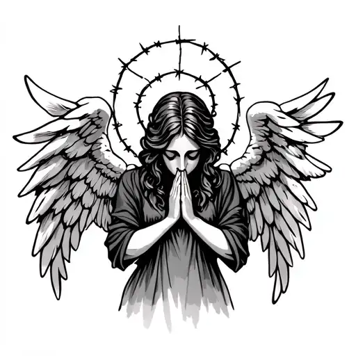 A tattoo-style angel with barbed wire halo, head bowed, hands in prayer. Wings should be asymmetrical and slightly tatte tattoo design idea