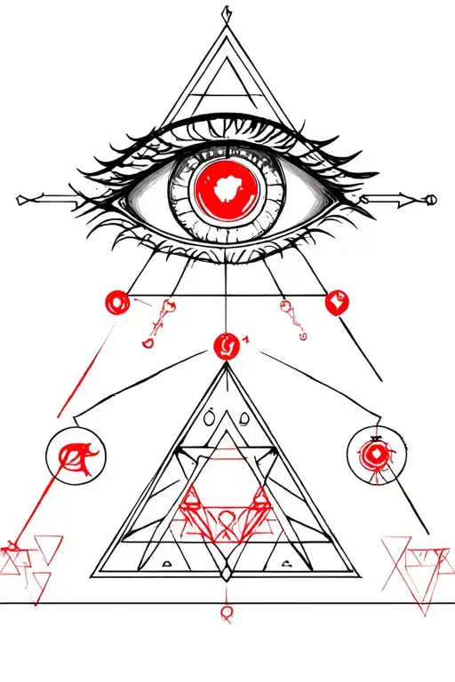 The Illuminati eye in a triangle with geometric and red symbols not heometric spots connected with "soul" tattoo design idea
