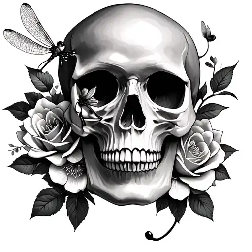 half skull roses and cherry blossoms with dragonfly tattoo design idea