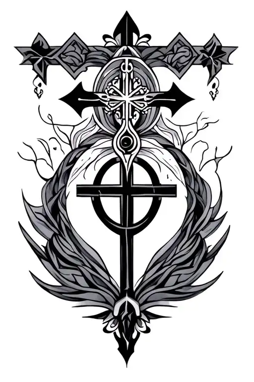 A hyper-detailed black-and-gray tattoo design on a white background representing Orthodox Christian faith, love, and fam tattoo design idea