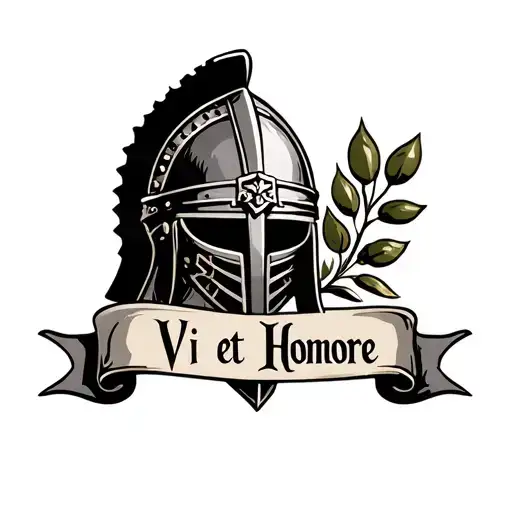 Gladiator Helmet with “Vi et Honore” written below on a scroll, surrounded by olive branches. Roman Style. Black tattoo design idea