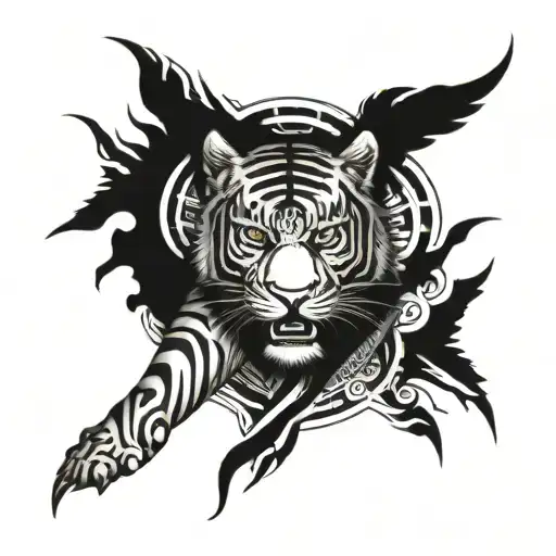 biomechanical Polynesian tiger tattoo on calf muscle colored tattoo design idea