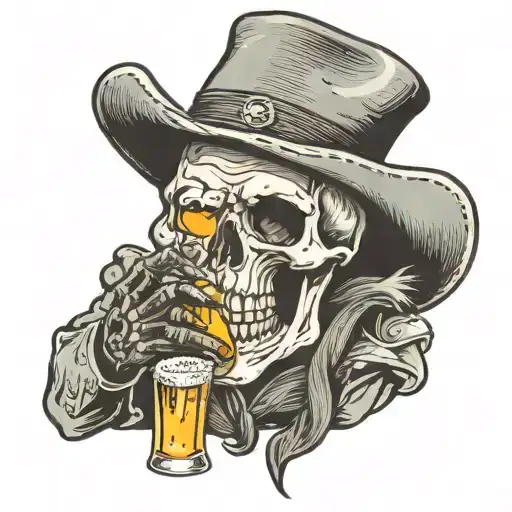 skull in a cowboy hat with a beer in his hand tattoo design idea